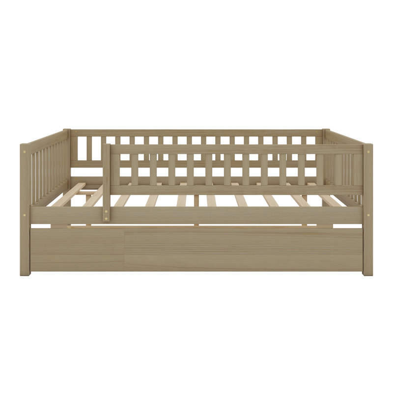 Wood Daybed With Trundle And Fence Guardrails, Natural