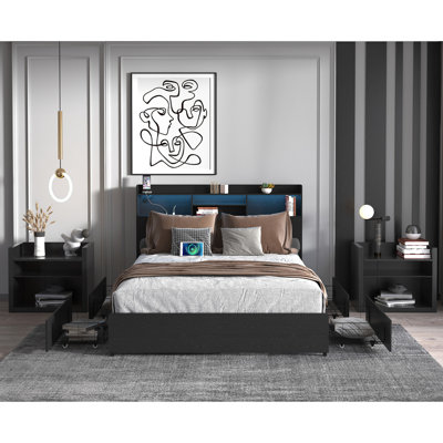Cadre de grand lit avec 4 tiroirs de rangement Cadre de grand lit avec tête de lit et tablette de rangement, lit de rangement avec DEL et station de charge, pas de bruit, pas de sommier nécessaire, noir