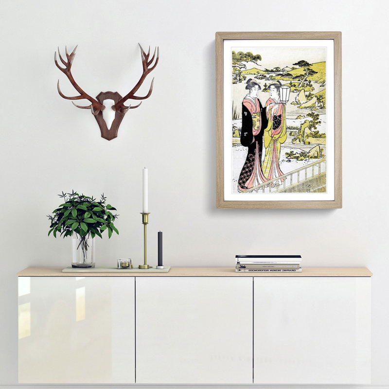 Two Women in a Garden by Torii Kiyonaga - Picture Frame Painting Print, 65cm H x 48cm W x 2cm D, Oak Framed