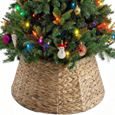 Collier de sapin de Noël en rotin jacinthe naturel tressé à la main, style rustique à 4 panneaux avec passe-câble et système de verrouillage facile