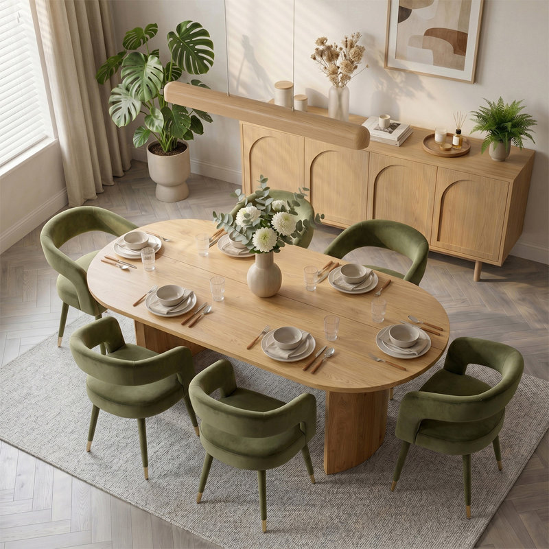Ensemble de table de salle à manger ovale moderne 79 po avec 6 chaises de salle à manger rembourrées en velours, Green