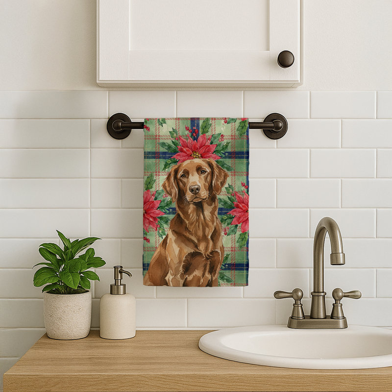 Liver Flat-Coated Retriever Christmas PoinsettIas Kitchen Towel, Liver Flat-Coated Retriever