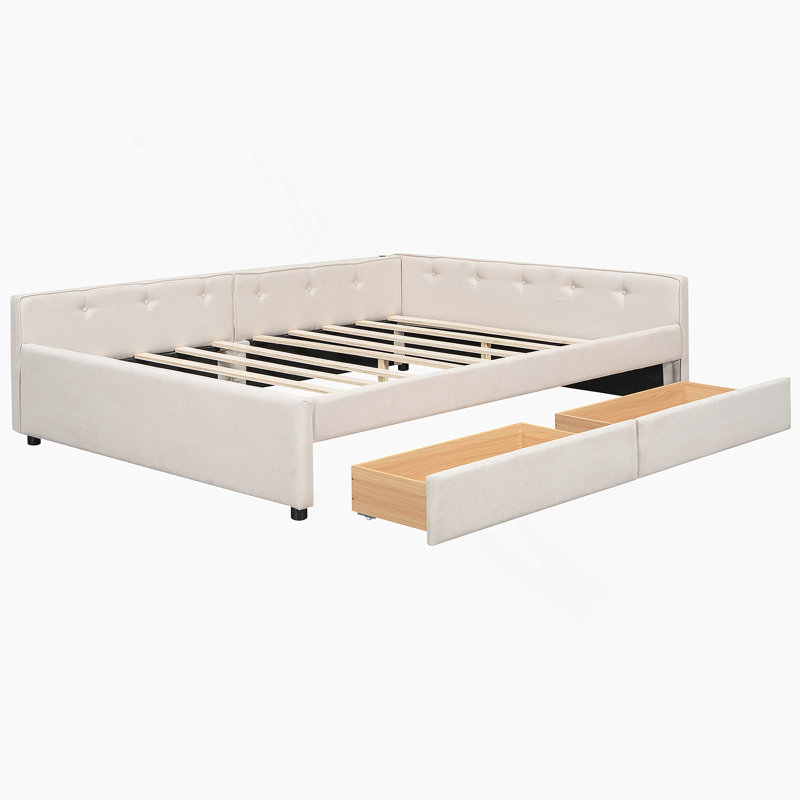 Upholstered Platform Bed with USB and 2 Drawers, Queen