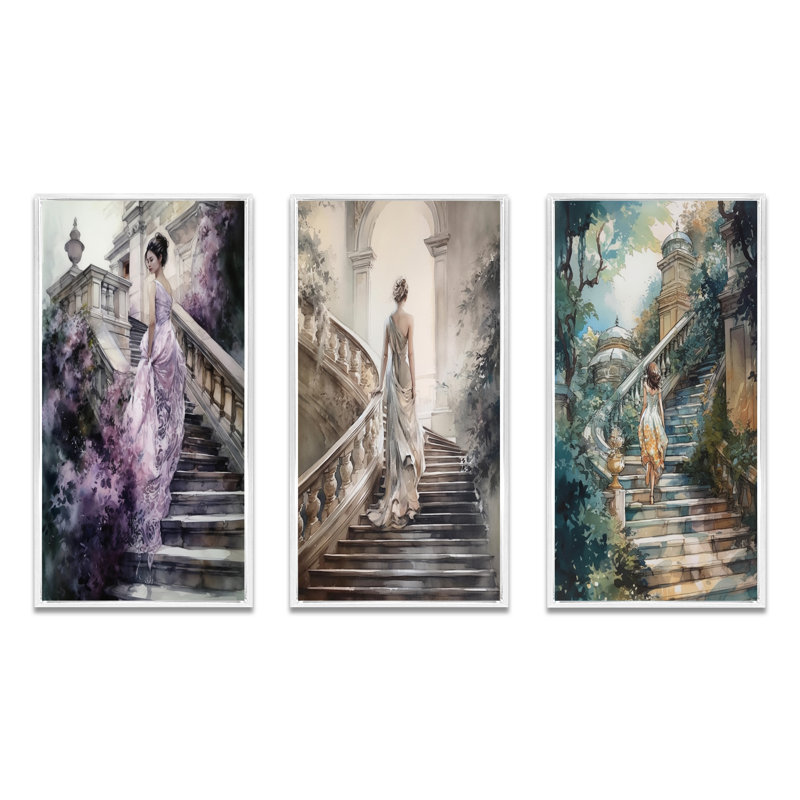 «Stunning Girl By The Stairs», 3 pièces, H 40 po x l 60 po, Cadre flottant blanc