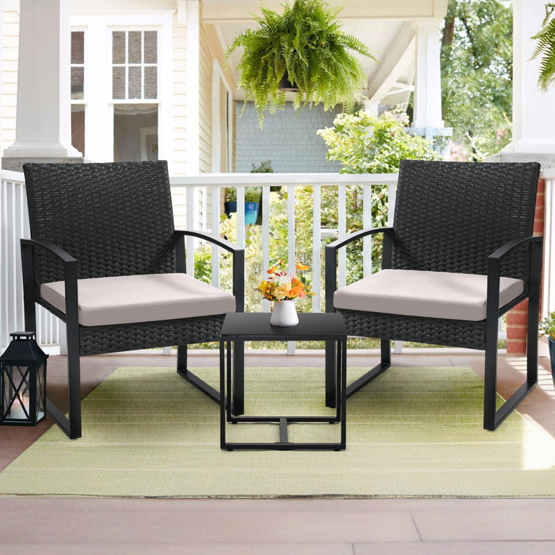 3 Piece Wicker Patio Bistro Set with Coffee Table, Outdoor Rattan Conversation Set for Balcony Porch Garden Yard Poolside