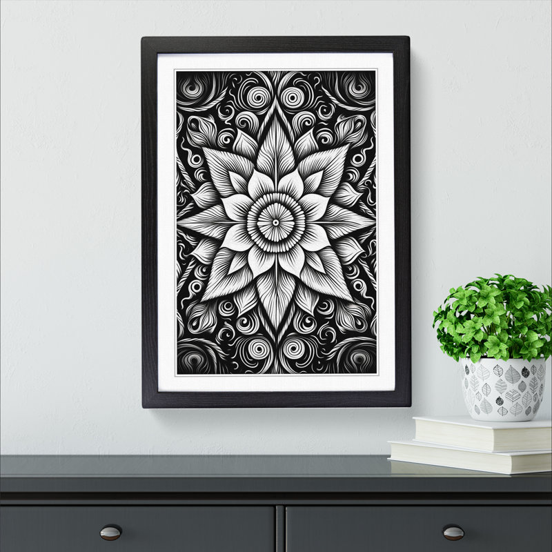 Mandala Line - Single Picture Frame Print on Wood, 46cm H x 34cm W x 2cm D, Black Framed