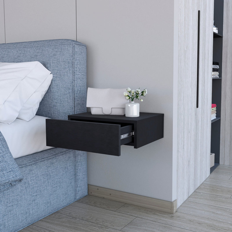 Table de chevet flottante noire pour la chambre à coucher - Économisez de l'espace avec la construction et un grand tiroir