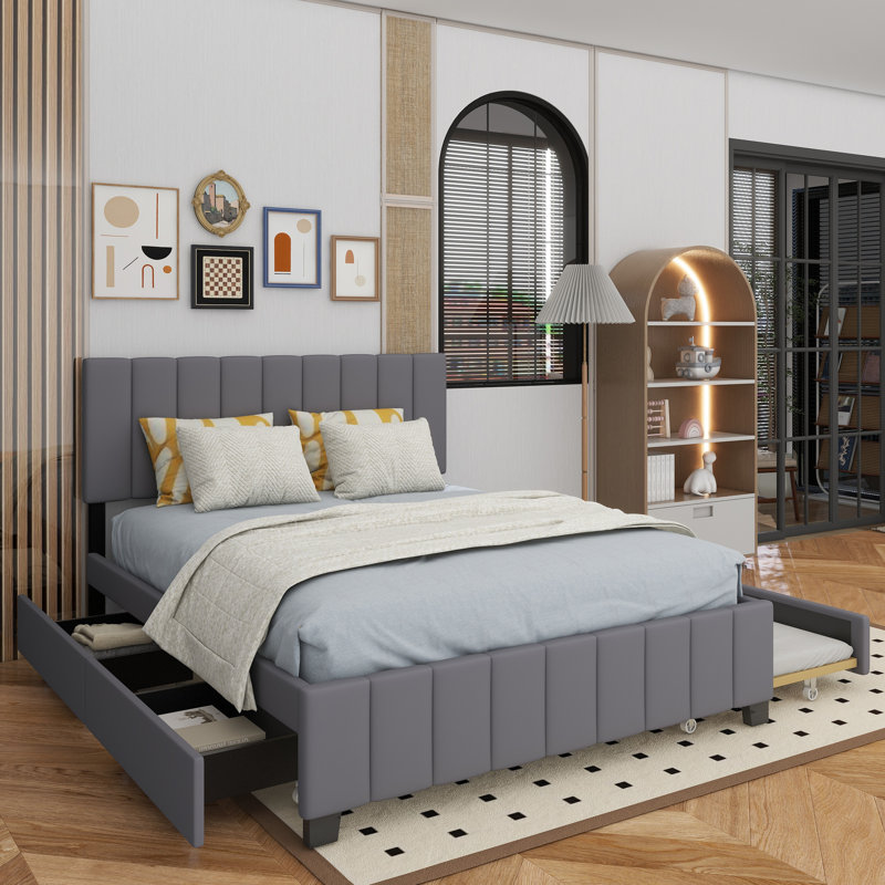 Queen Size Velvet Upholstered Platform Bed With 2 Drawers And 1 Twin XL Trundle, Gray