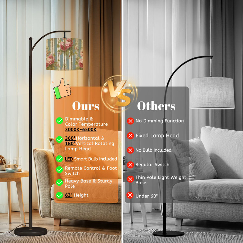 Arc Floor Lamp with Adjustable Lampshade Shabby Chic Pink Roses Blue Standing Lamp 3 Color Temperatures Dimmable Tall Pole Lamp with Foot Switch for Bedroom