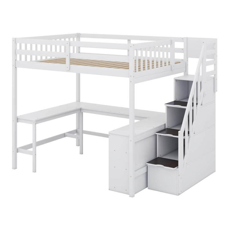 Lit mezzanine double avec bureau intégré en forme de L, tablettes de rangement à trois niveaux, escalier de rangement attaché
