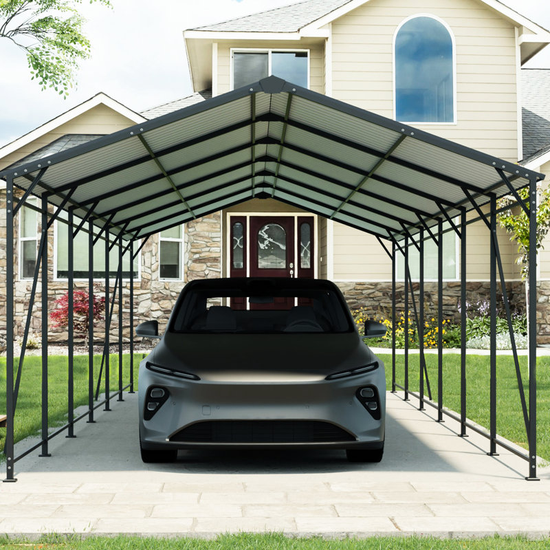 Abri d'auto robuste 12 * 32 Ft avec 4 tubes carrés inclinés fixes, cadre thermolaqué pour une longue durée, cadre adapté aux événements extérieurs, stable sur différentes surfaces, rangement idéal pour les véhicules