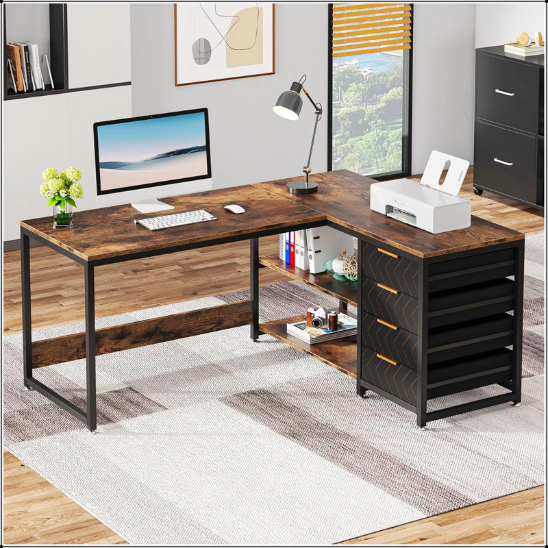 Bureau d'ordinateur en L 59 po avec tiroirs et tablettes de rangement, poste de travail de coin réversible, bureau d'écriture avec classeur