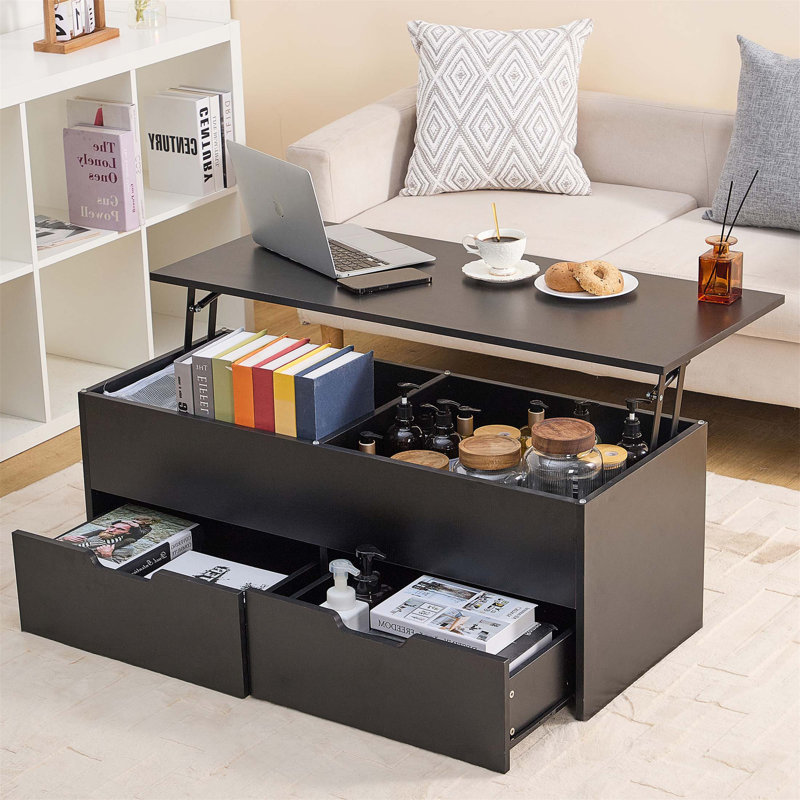 Table basse relevable avec compartiment caché et 2 tiroirs, parfaite pour les salons modernes et polyvalents