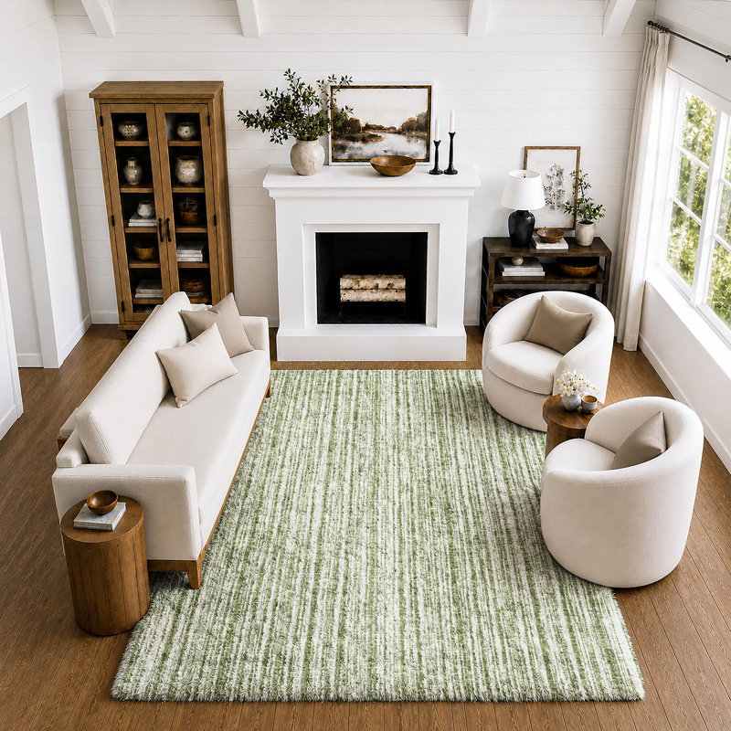 Tapis à rayures Shaggy Dream lavable à la machine de qualité supérieure, Vert, 8 pi x 10 pi