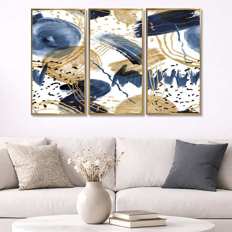 Motif abstrait avec textures bleu foncé et or - ensemble d'art moderne sur toile encadrée moderne de 3, Doré