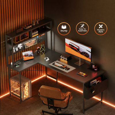 Bureau d'ordinateur en L 51 po avec panneau perforé, bureau de jeu en coin avec lumières DEL et prise de courant, sac latéral, noir