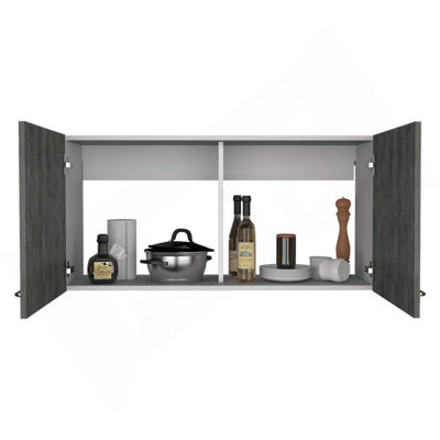 Wall Cabinet 19"H, Two Doors, Two Internal Shelves, White/Smoked Oak