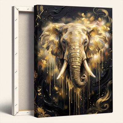 Golden Elephant Canvas Wall Art Oil Painting Print Set Of 1