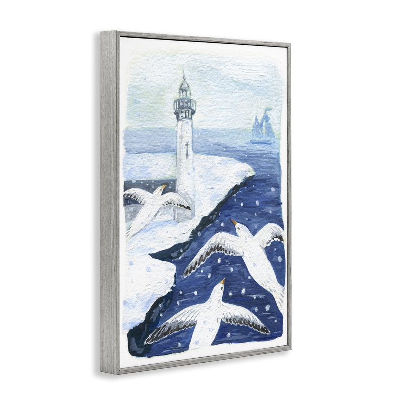 «Snowy Winter Harbor Birds», estampe numérique, design par Hannah Moren, H 24 po x l 16 po, Estampe numérique Farmhouse
