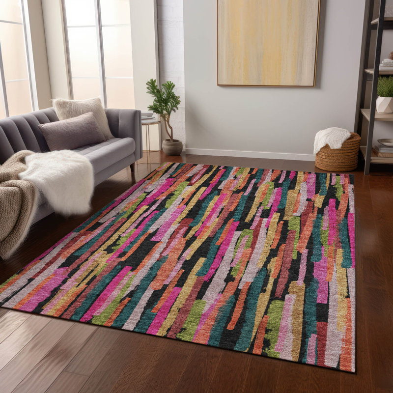 Pink and White Stripe Synthetic Washable Area Rug, 5' x 7'6"