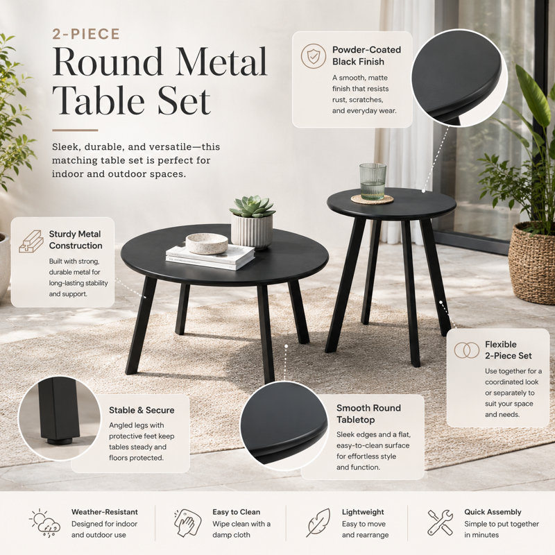 Ensemble de tables basses et de tables d'appoint rondes en métal 2 pièces, tables d'appoint noires à hauteur mixte pour salon, balcon et patio