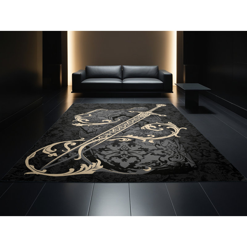 Machine Washable Justin Excalibur Classic Damask Rug in Gray – Black Binding, 2x4