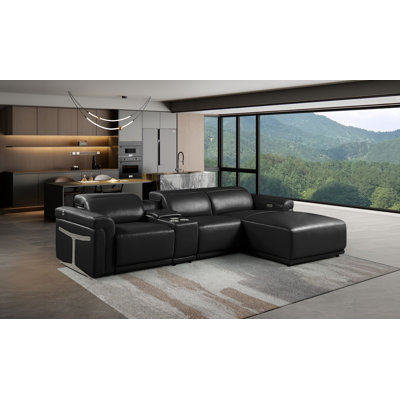 Canapé modulaire noir en cuir italien 4 pièces avec accoudoirs inclinables électriques et accoudoirs réglables noirs faisant face à la droite 4 pièces