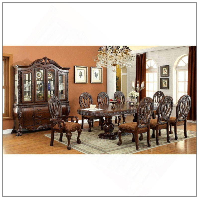 Chaises de salle à manger formelles majestueuses traditionnelles avec détails sculptés complexes, bois massif et siège en tissu, ensemble de 2