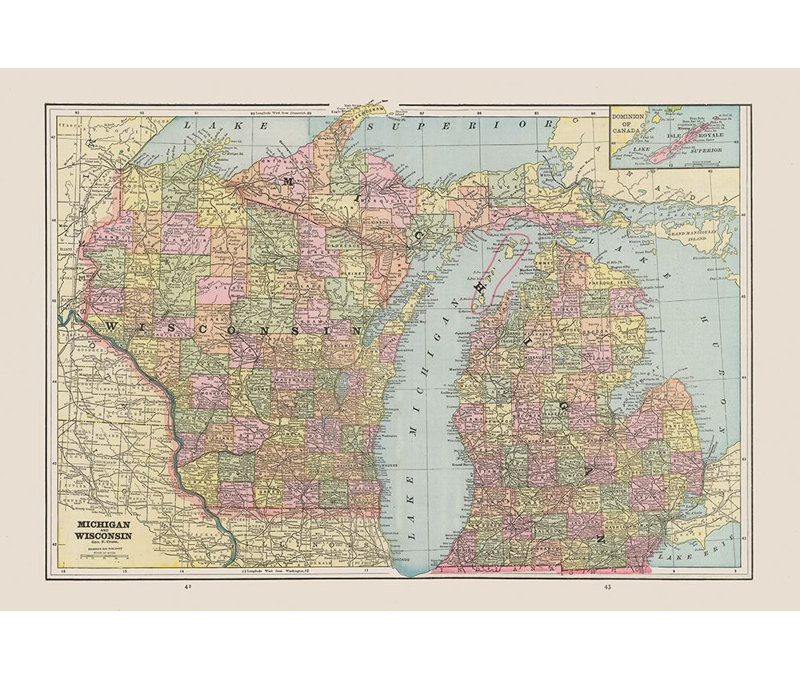 Michigan Wisconsin - Cram 1892, reproduction d'affiche par Cram Cram (36 x 24) USMI0023, H 24 po x l 36 po