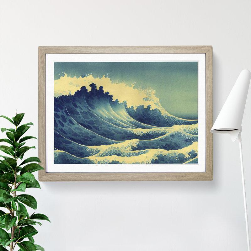 Watercolour Japanese Wave - Single Picture Frame Print, 25cm H x 34cm W x 2cm D, Oak