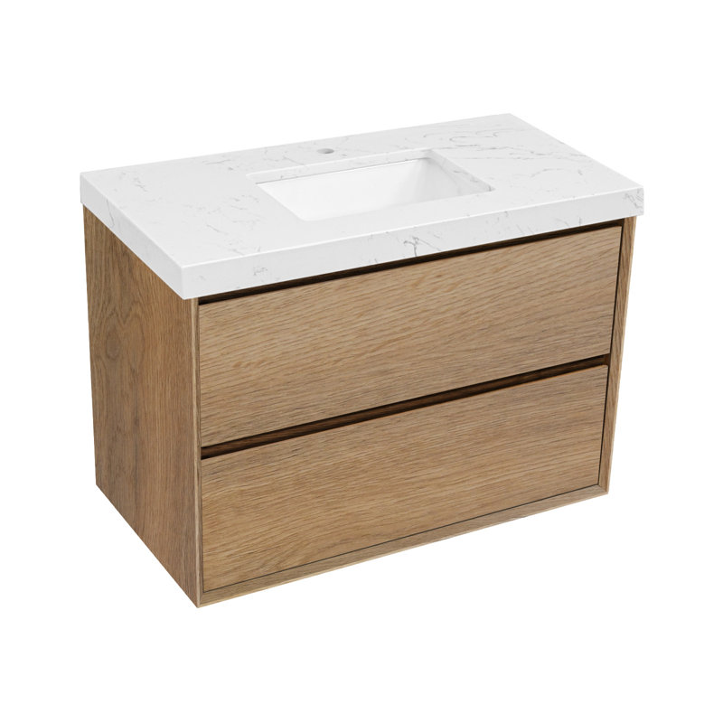 Wall-mounted Bath Vanity With Engineered Marble Top, 36", Natural wood