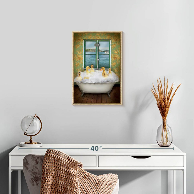 Ducks In Bath Tub, Floating Frame Natural Wood, 13" x 19"