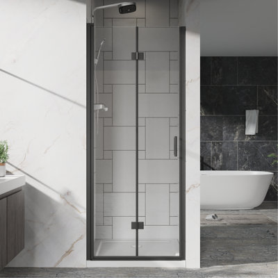 Porte de douche pivotante en verre à largeur réglable de 32 à 33,2 po, verre trempé transparent de 6 mm, finition noire, installation réversible, pivot à 180 po intérieur / extérieur, charnières pliantes doubles, prévention des fuites d'eau