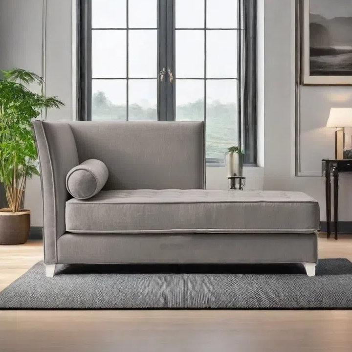 Chaise longue simple à dossier haut en bois massif, Gris, Orienté à gauche (vu de face)