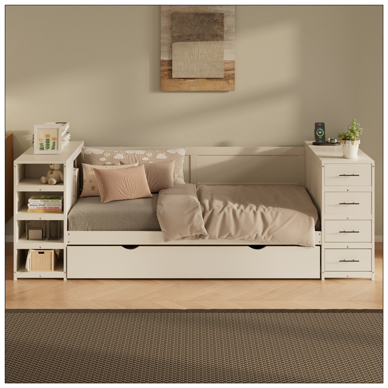 Wooden Daybed, Storage Bed With Multi-Functional Desk And Charging Station For Bedroom, Guest Room