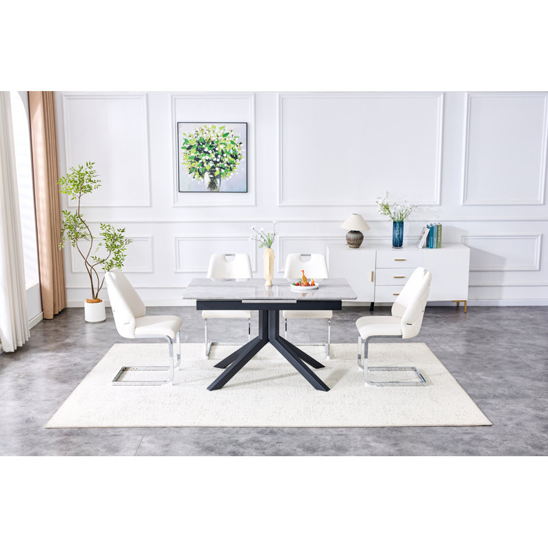Ensemble de salle à manger contemporain, table extensible en panneau de fibres à densité moyenne et 4 chaises en similicuir de qualité supérieure avec dossier à rivets (1 table avec 4 chaises robustes à structure en métal)