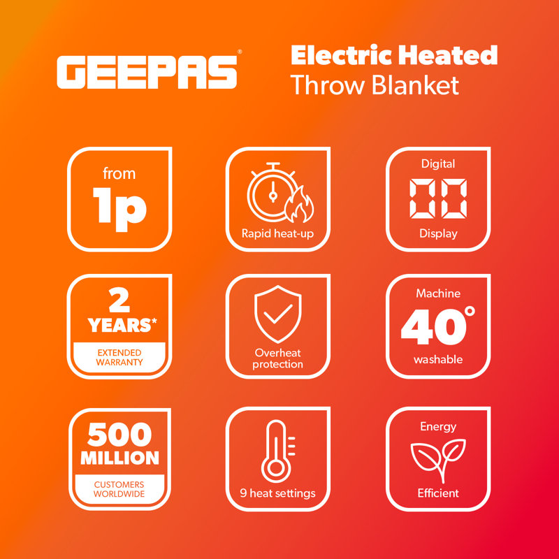 GEEPAS Electric Heated Blanket | Soft Flannel Fleece Heated Throw Over Blanket for Bed Sofa | 9 Heat Setting Digital Display 9H Timer Auto Off | Energy Efficient & Machine Washable | Grey