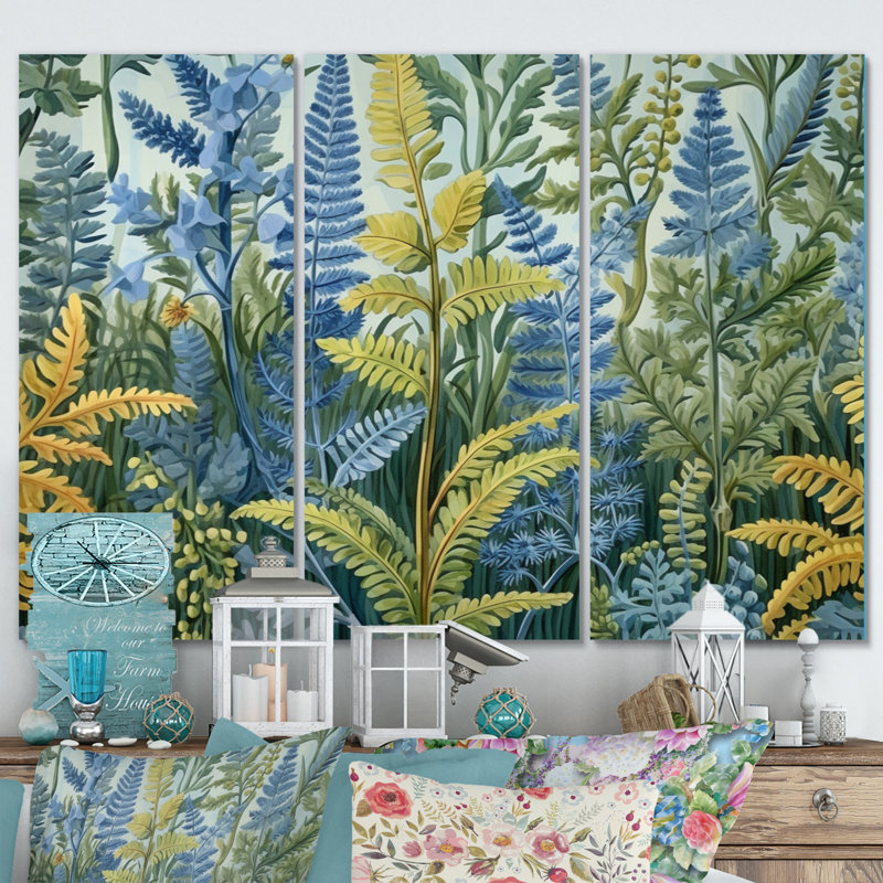 Vert, bleu, fougère, fleurs, paysage, ensemble floral d'art mural en métal