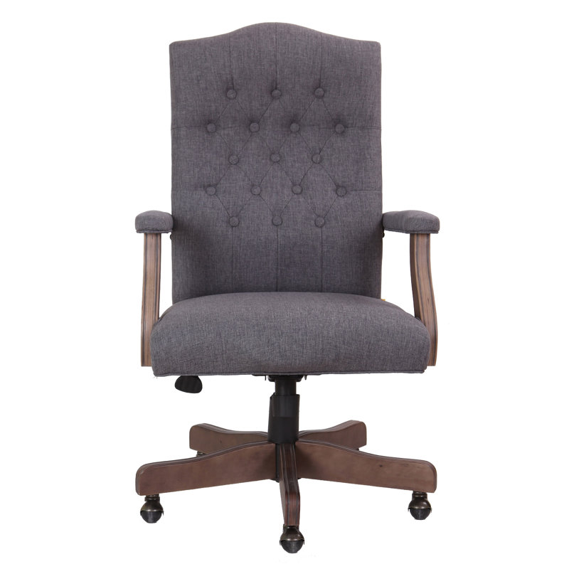 Jake Executive Armchair With Driftwood Finish, Gray Button Tufted Linen, Commercial Grade Linen Slate Gray