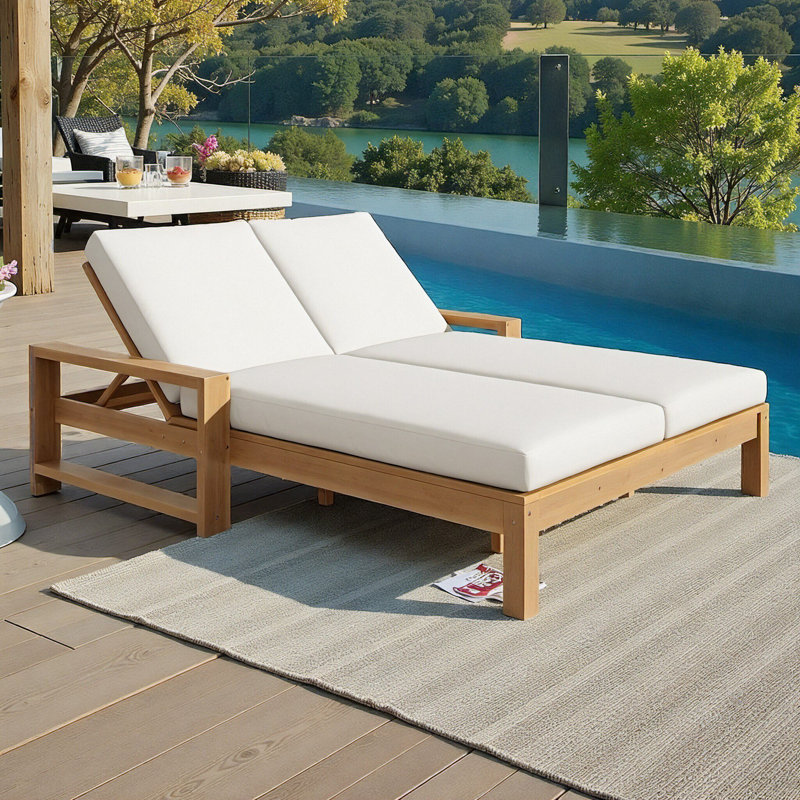 Outdoor Double Lounge Chair, 2-Seater Patio Chaise with 5-Position Adjustable Backrests, Solid Wood Frame, Removable Cushions, 800 lb Capacity for Poolside, Patio, Garden