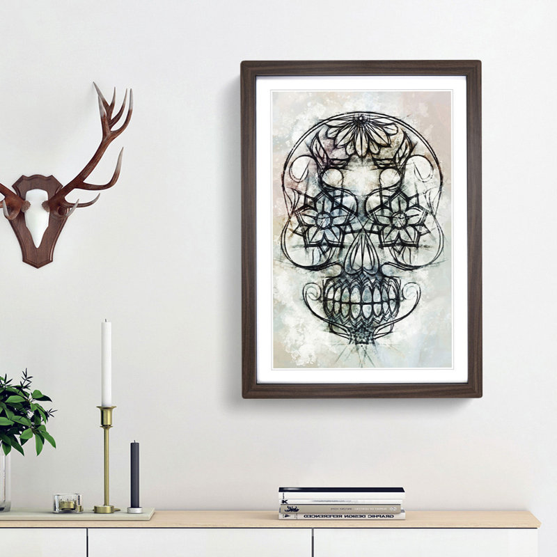 Sugar Skull in Abstract - Framed Print, 48cm H x 36cm W x 2cm D, Walnut Framed