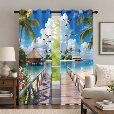 2Pcs Tropical Island Scenery Curtains, Beach Landscape Style Curtain, Vibrant Ocean View Palm Tree Printed Art Grommet Drapes, Window Treatment for Bedroom Living Room Decor