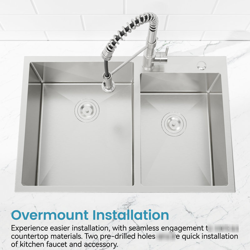 Modern 33"X19" Double Bowl Sink - Stainless Steel, Overmount, Easy Finish Steel With Advanced Sound Absorbing Technology