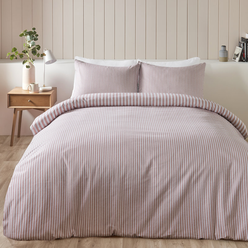 Brushed Stripe Cotton Reversible Duvet Cover Set, Blush Pink, Super King Duvet Cover +2 Standard Pillowcases
