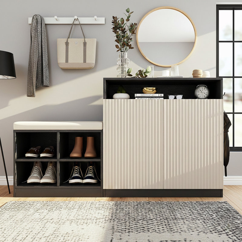 Armoire à chaussures réglable à 3 niveaux avec banc, coussin amovible et crochets, Beige/noir