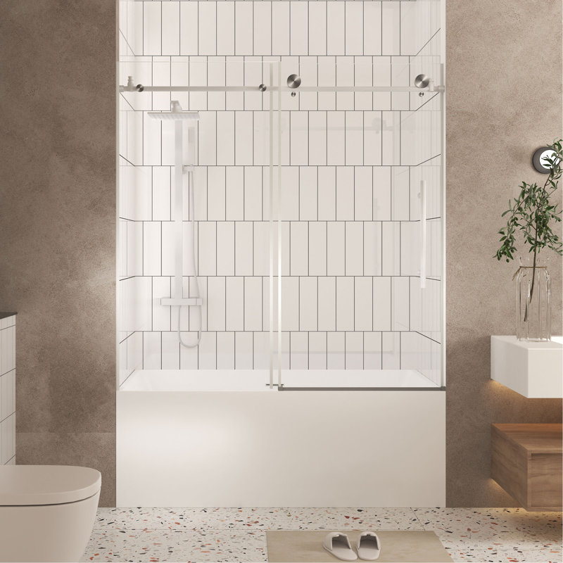 Frameless Shower Door 56-60 "W X 60" H, 1/4 "(6 Mm) Clear Tempered Glass, Explosion Proof Film, Stainless Steel Handle