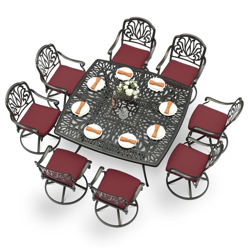Canora Grey 9-Piece Outdoor Patio Dining Set For 8, All Weather Cast Aluminum Patio Funiture Table And Chairs Set- Large 64" Square Table And 8 Cushioned Swivel Rocker Chairs, Umbrella Hole