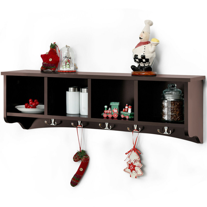 Manufactured Wood Wall Organizer with Key Hooks, Brown