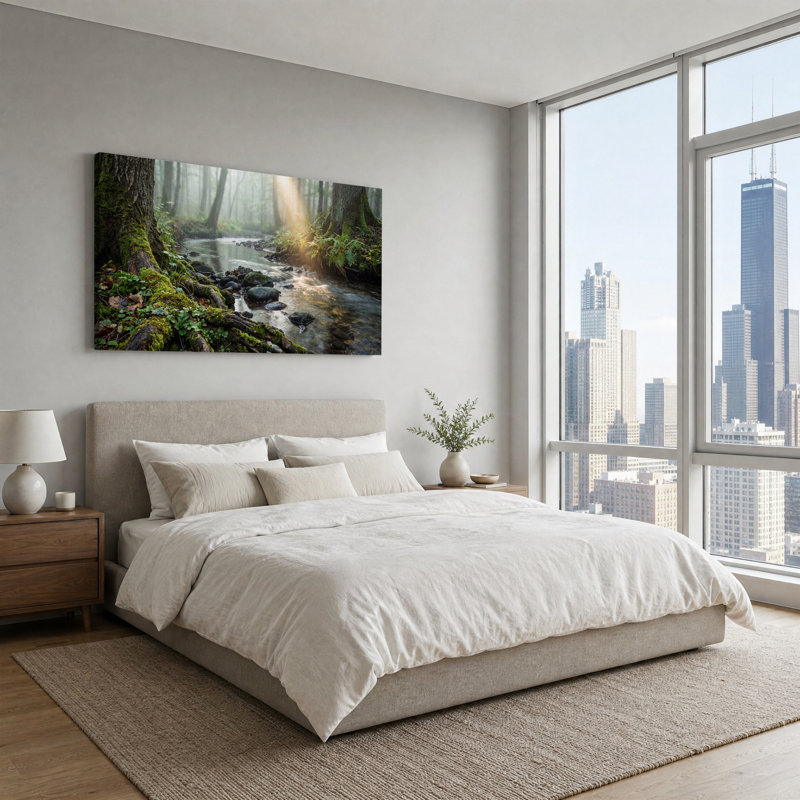 Toile «Misty Forest Stream with Sunlight», L 32 po x H 16 po