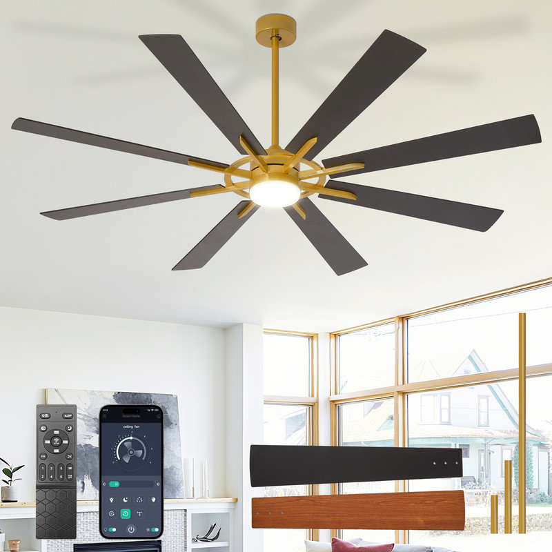 66 Inch Large Ceiling Fan with Light, Modern 8-Blade Black Indoor Outdoor Fans with Remote App Control Dimmable Light, Quiet DC Motor Reversible 6 Speed Timer